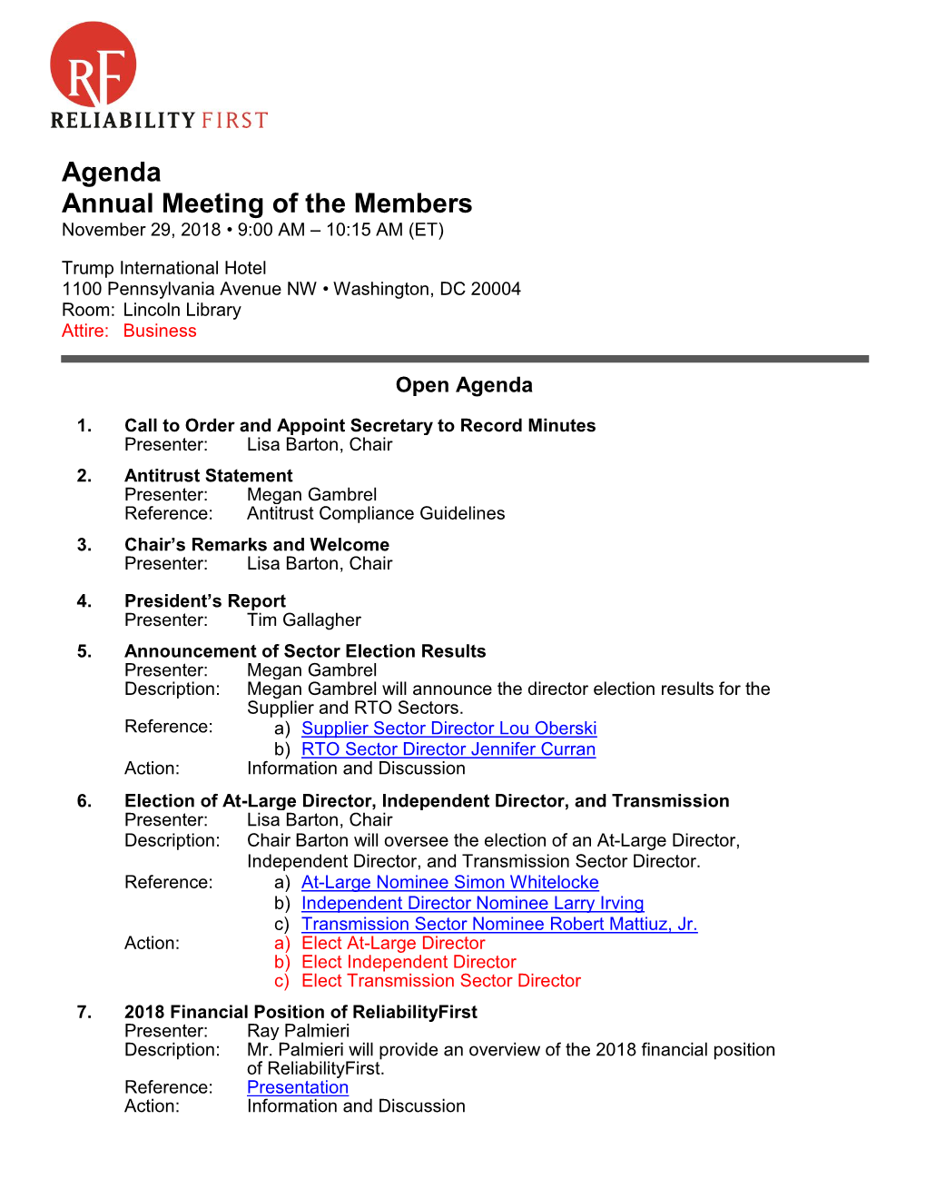2018-11-29 Annual Meeting of Members Agenda