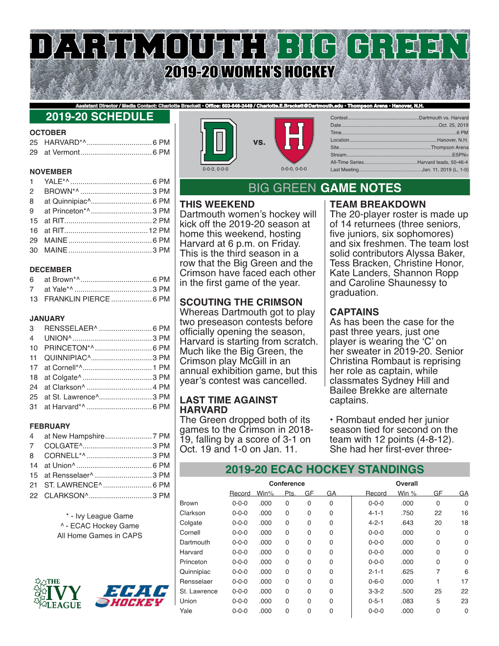 Dartmouth Big Green 2019-20 Women’S Hockey