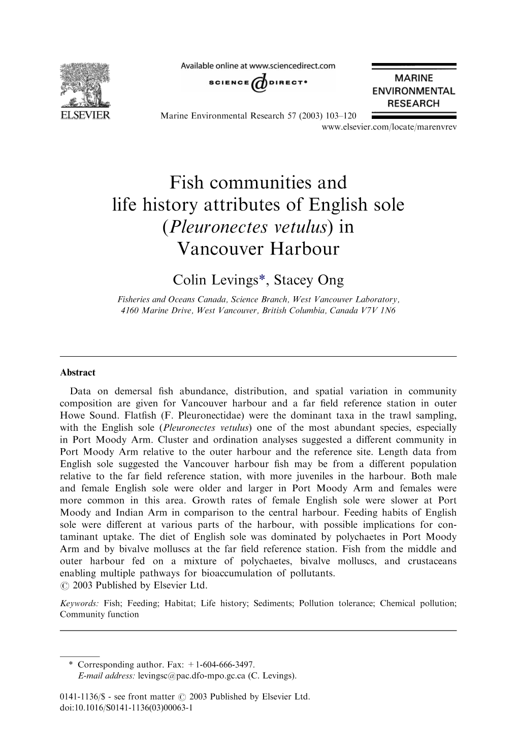 Fish Communities and Life History Attributes of English Sole (Pleuronectes Vetulus)In Vancouver Harbour