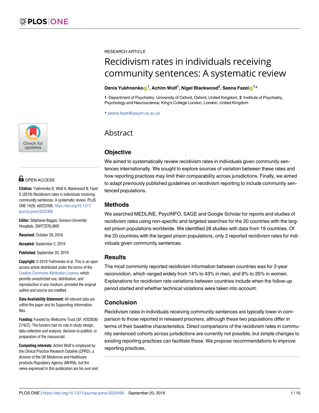 Recidivism Rates in Individuals Receiving Community Sentences: a Systematic Review