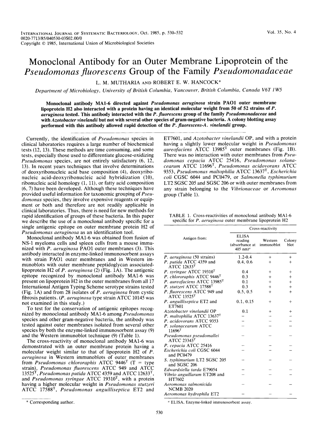 Monoclonal Antibody for an Outer Membrane Lipoprotein of the Pseudomonas Fluoreseem Group of the Family Pseudomonadaceae L