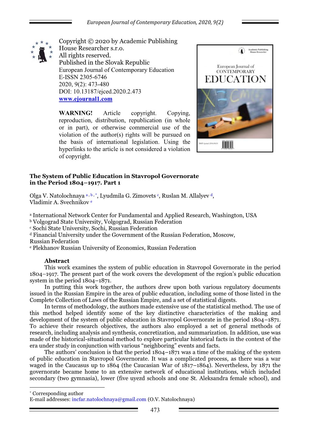 The System of Public Education in Stavropol Governorate in the Period 1804–1917