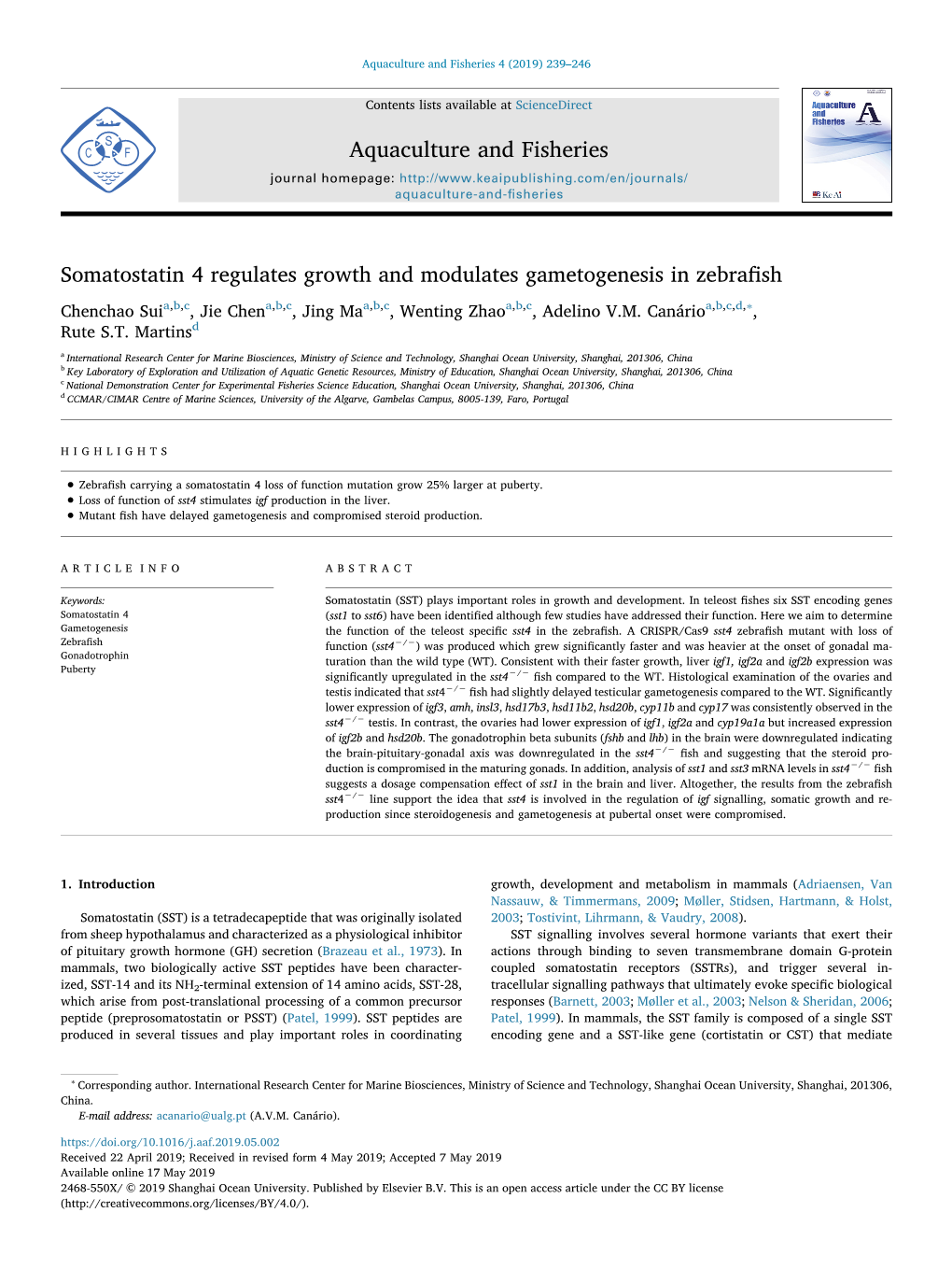 Somatostatin 4 Regulates Growth and Modulates Gametogenesis in Zebraﬁsh