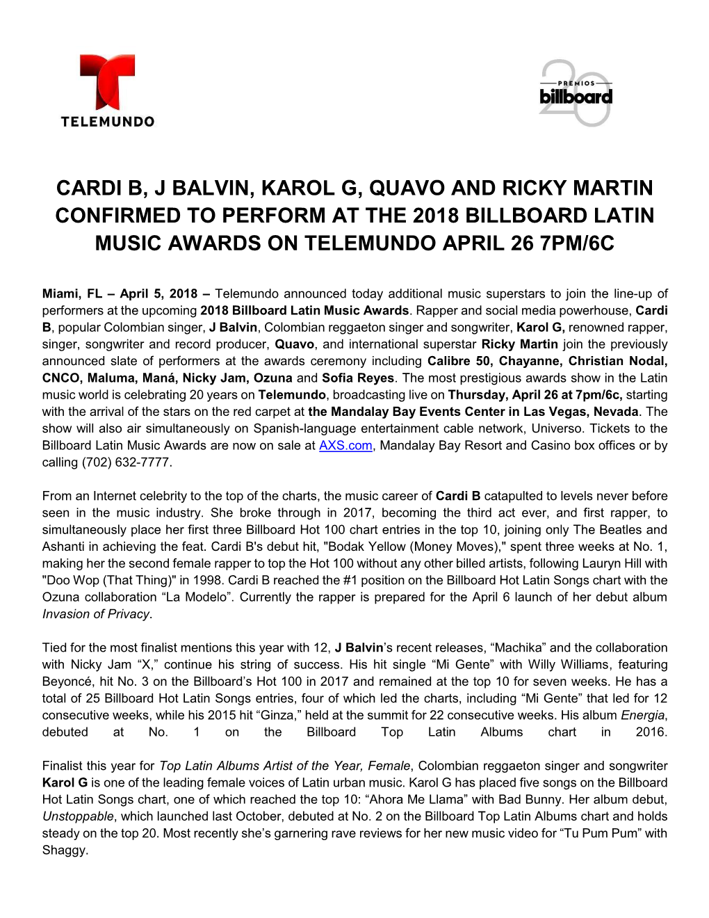 Cardi B, J Balvin, Karol G, Quavo and Ricky Martin Confirmed to Perform at the 2018 Billboard Latin Music Awards on Telemundo April 26 7Pm/6C