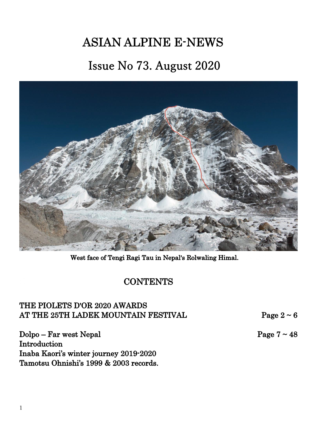 ASIAN ALPINE E-NEWS Issue No 73. August 2020