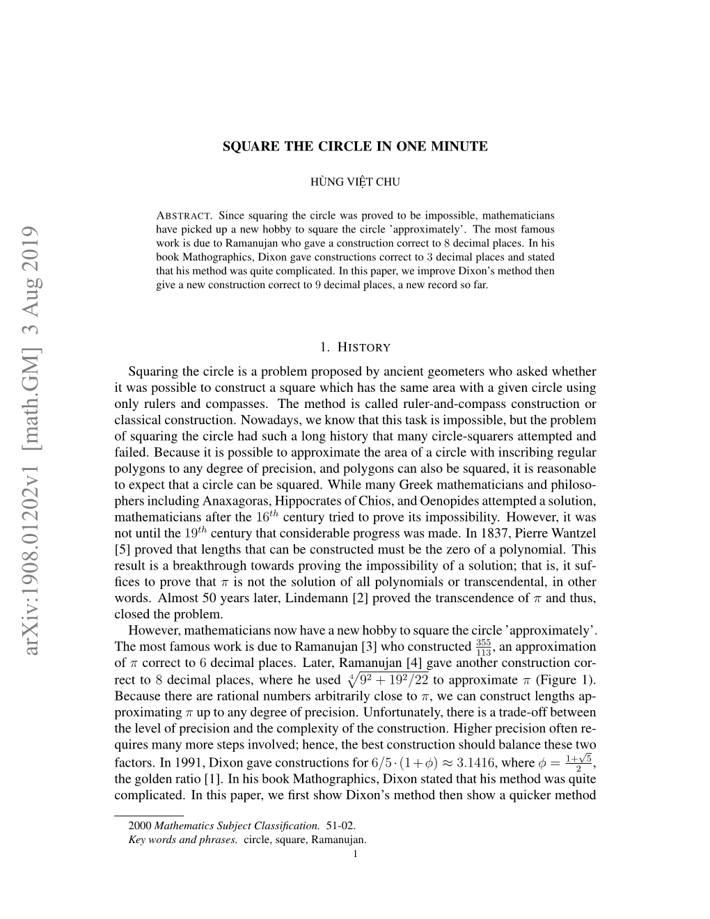 Arxiv:1908.01202V1 [Math.GM] 3 Aug 2019 113 of Π Correct to 6 Decimal Places