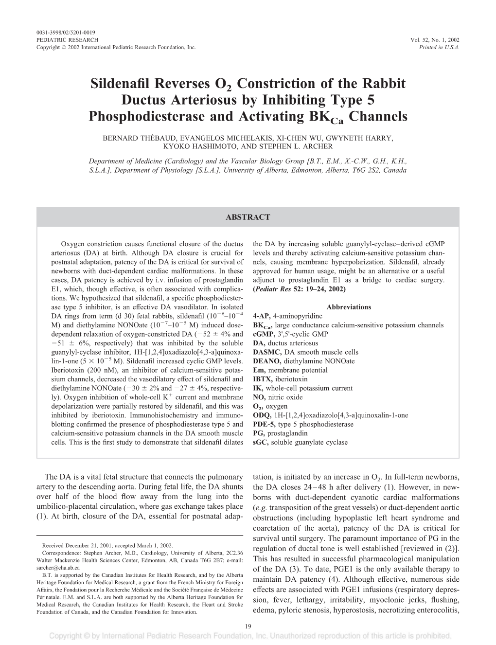 Sildenafil Reverses O2 Constriction of the Rabbit Ductus Arteriosus by Inhibiting Type 5 Phosphodiesterase and Activating Bkca C