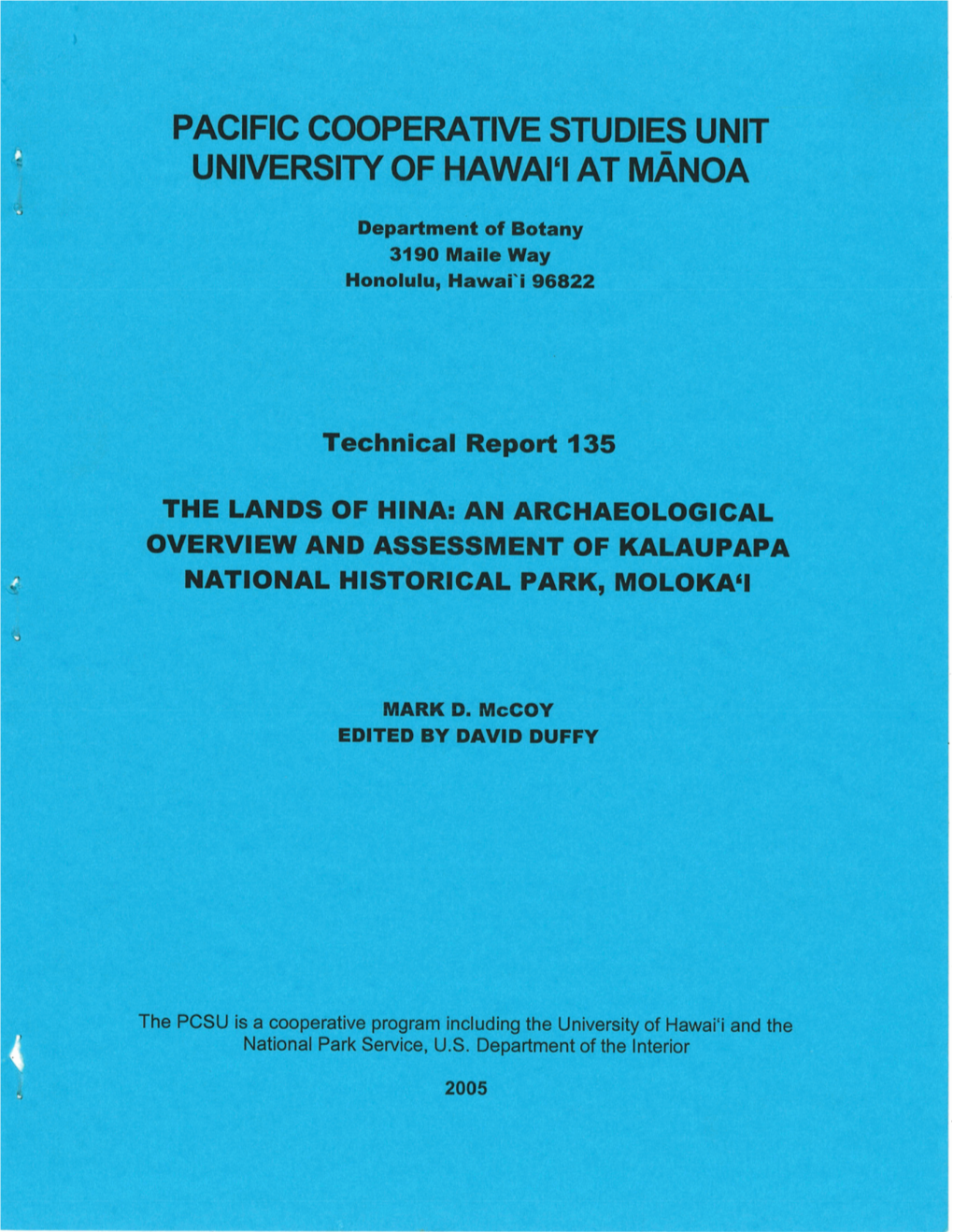 PACIFIC COOPERATIVE STUDIES UNIT UNIVERSITY of Hawal'i at M~~Oa