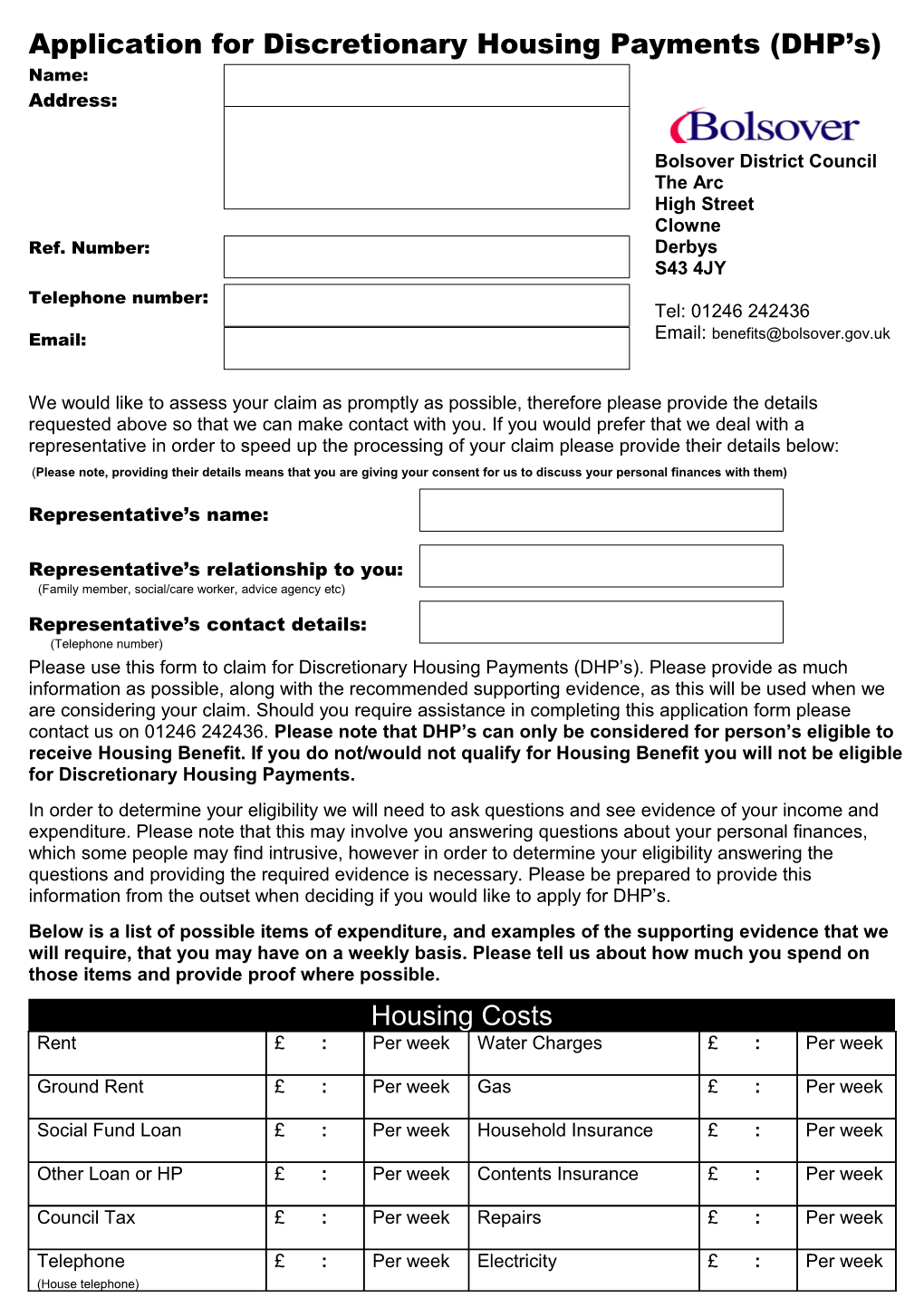 Application for Discretionary Housing Payments (DHP S)