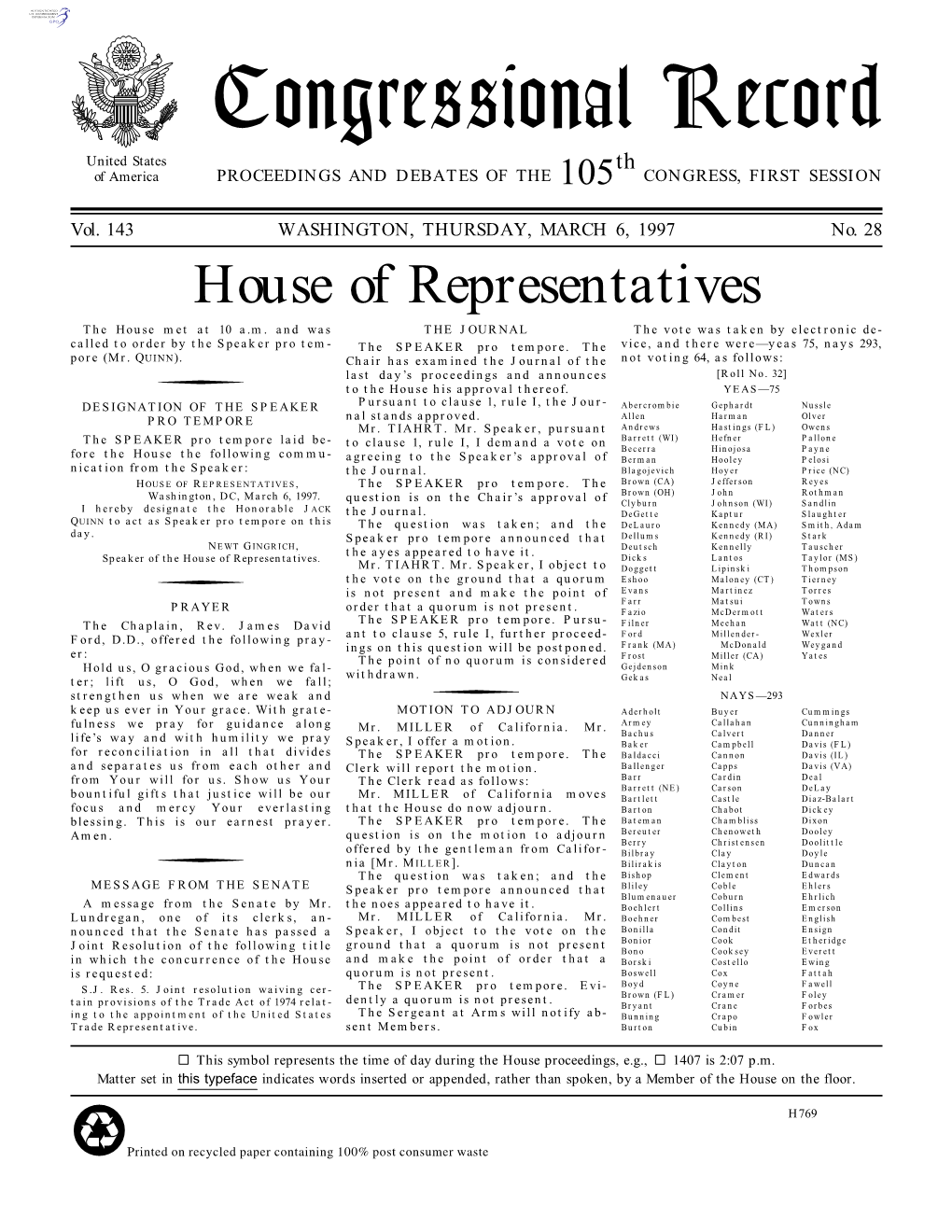 Congressional Record United States Th of America PROCEEDINGS and DEBATES of the 105 CONGRESS, FIRST SESSION