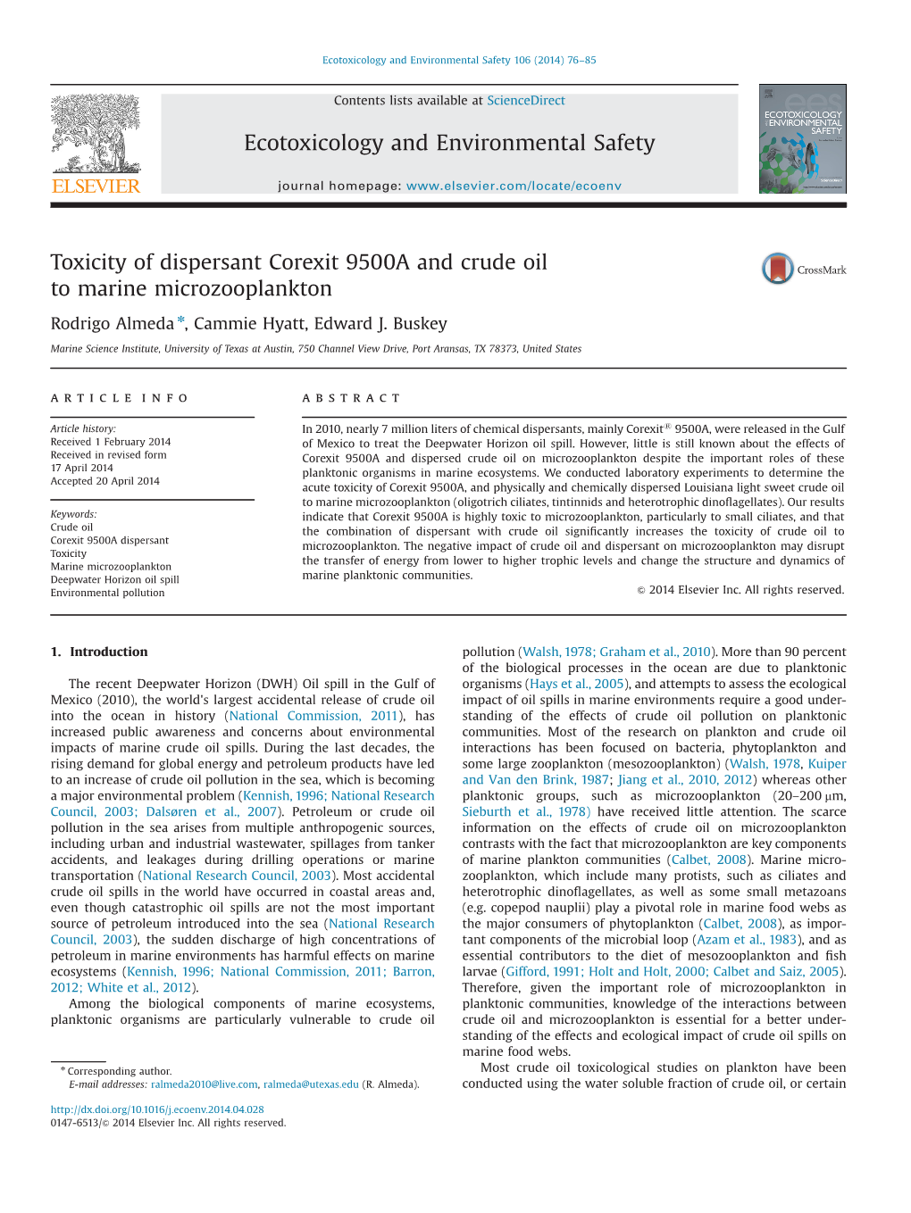 Toxicity of Dispersant Corexit 9500A and Crude Oil to Marine Microzooplankton