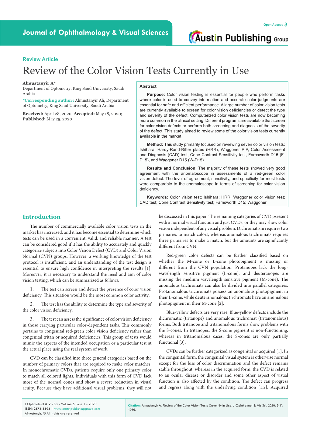 Review of the Color Vision Tests Currently in Use