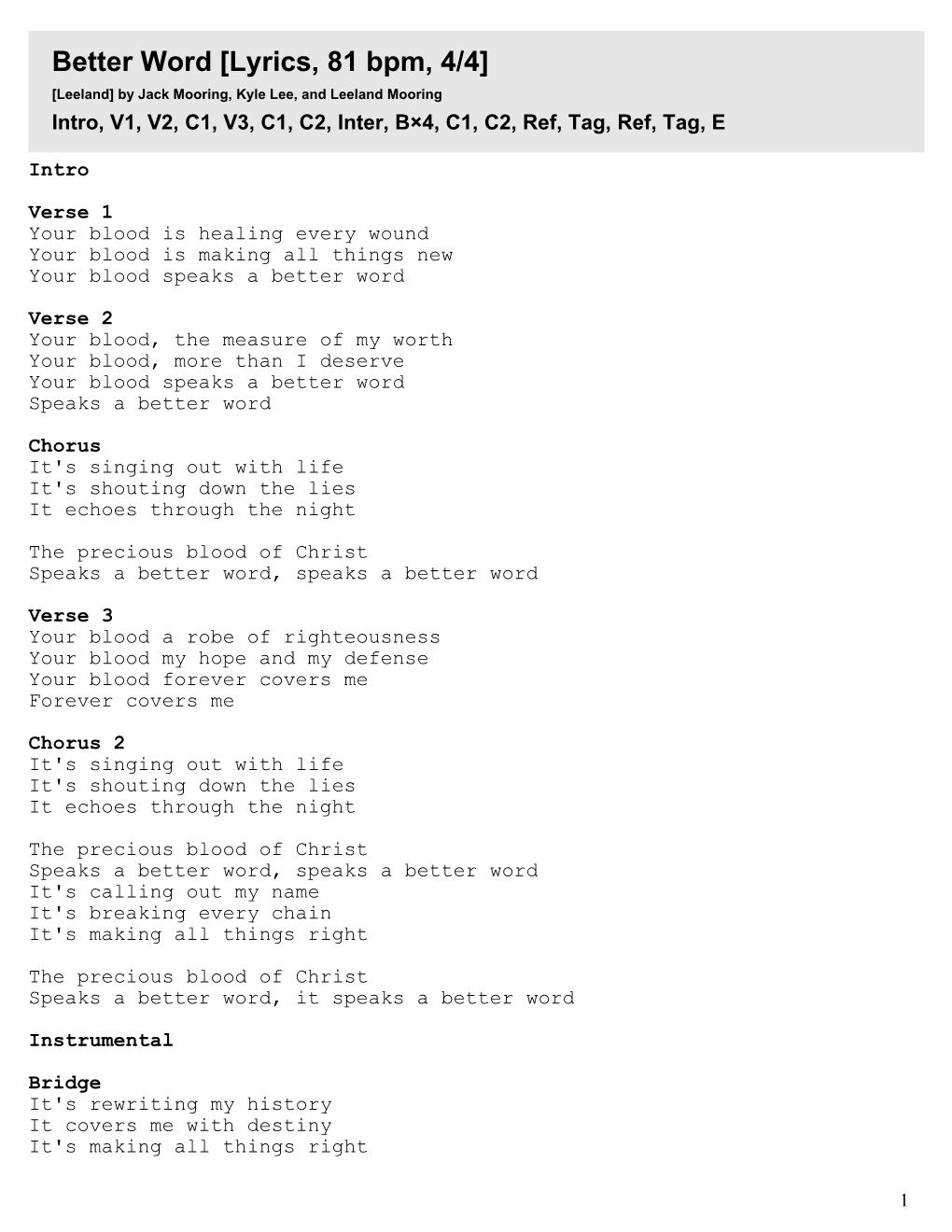 Chorus It's Singing out with Life It's Shouting Down the Lies It Echoes Through the Night