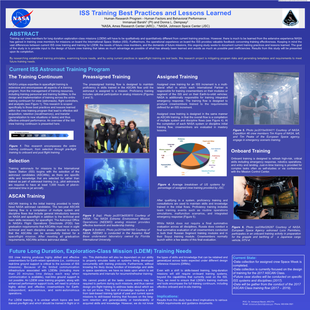 ISS Training Best Practices and Lessons Learned Human Research Program - Human Factors and Behavioral Performance Immanuel Barshi1 (PI) and Donna L