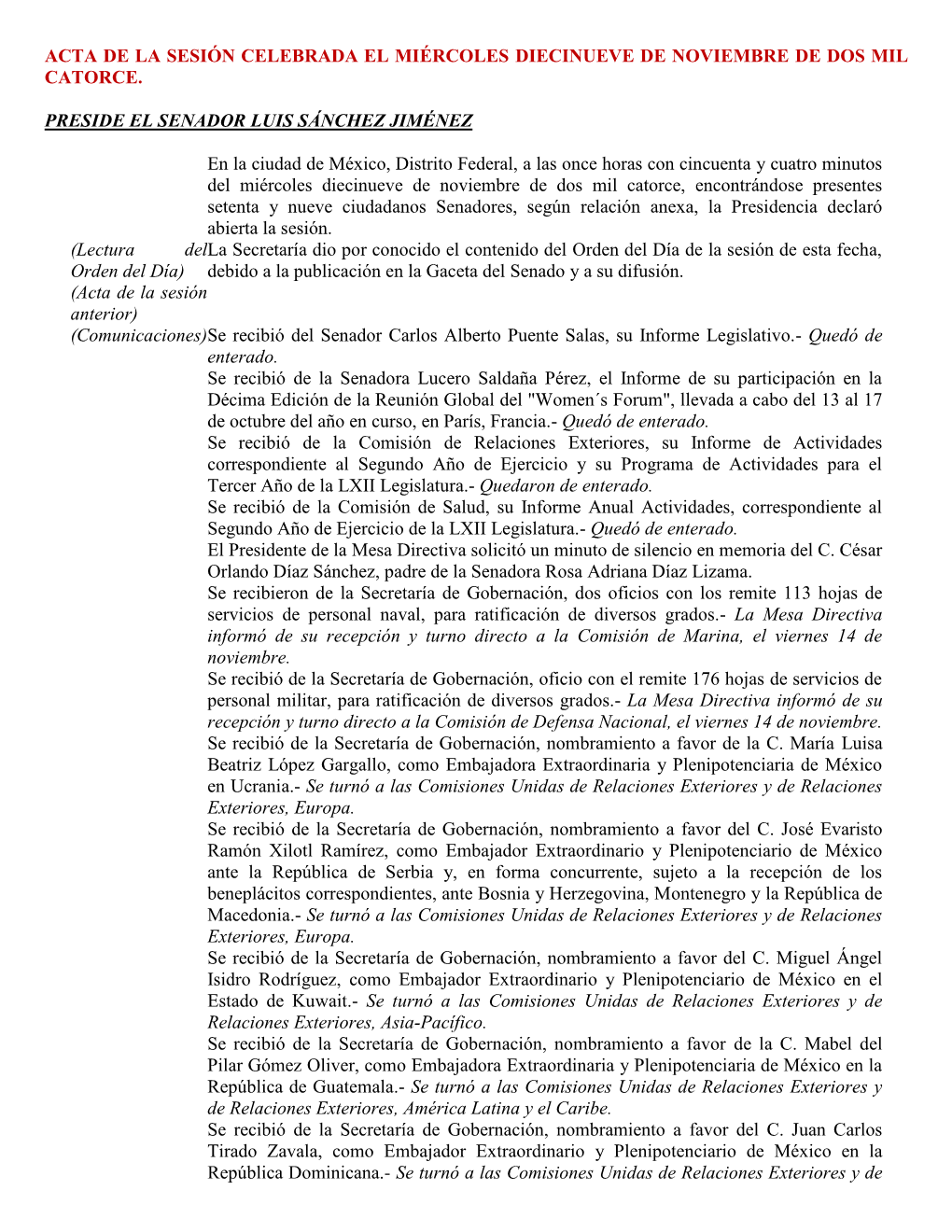 Acta De La Sesión Celebrada El Miércoles Diecinueve De Noviembre De Dos Mil Catorce