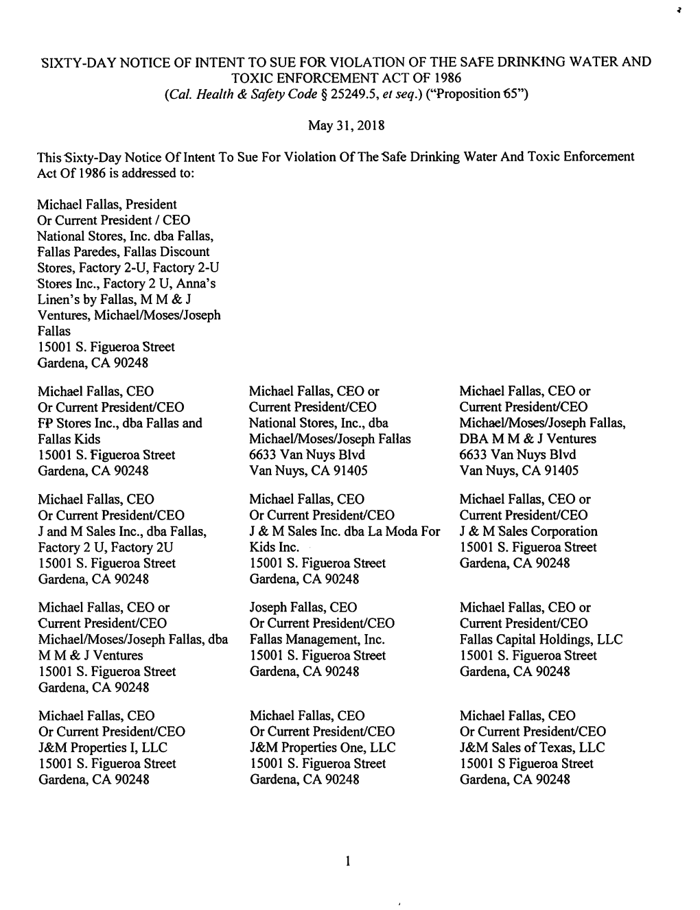 This Sixty-Day Notice of Intent to Sue for Violation of the Safe Drinking Water and Toxic Enforcement Act of 1986 Is Addressed To