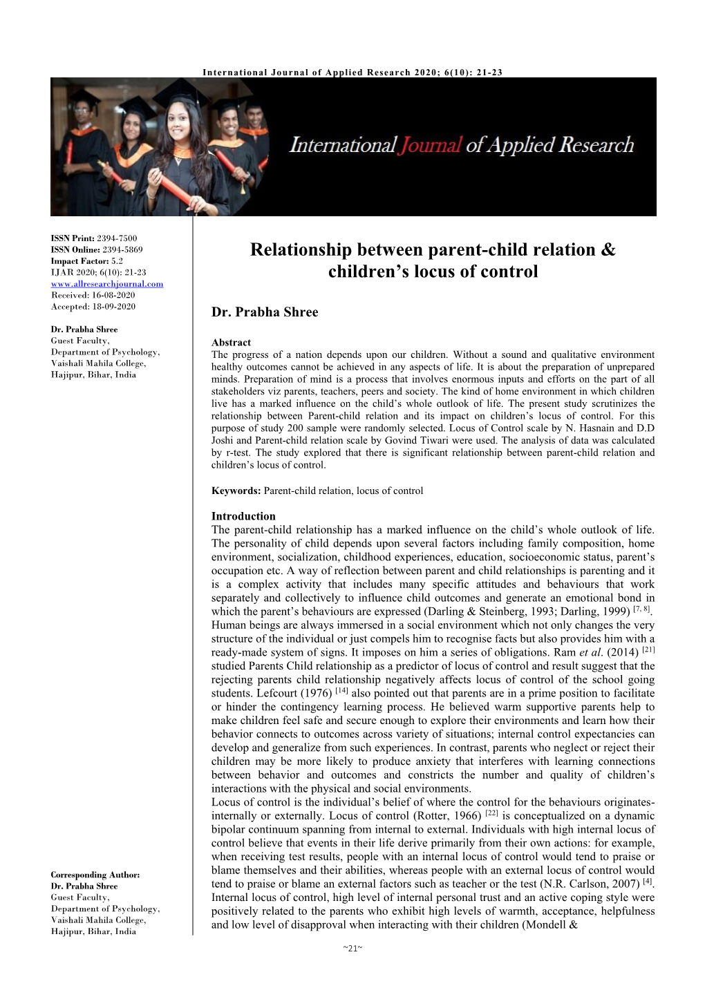 Relationship Between Parent-Child Relation & Children's Locus of Control