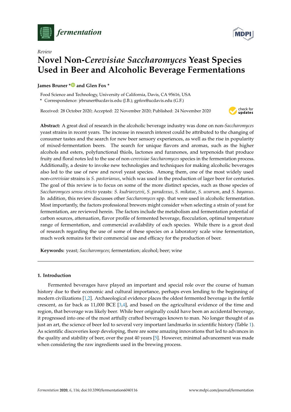 Novel Non-Cerevisiae Saccharomyces Yeast Species Used in Beer and Alcoholic Beverage Fermentations