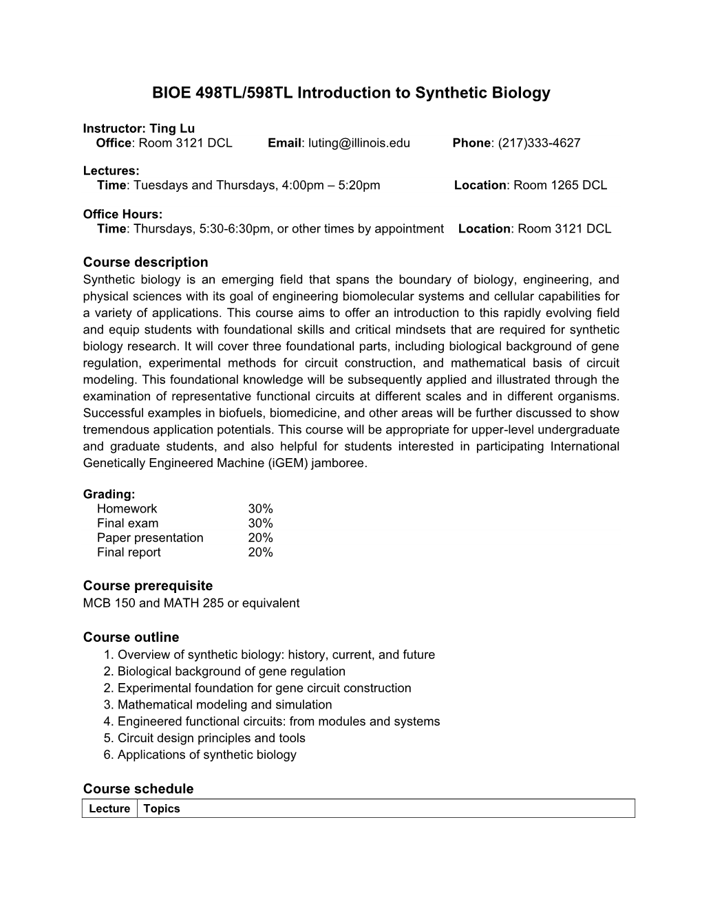 BIOE 498TL/598TL Introduction to Synthetic Biology