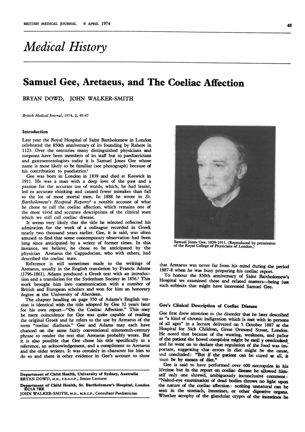 Samuel Gee, Aretaeus, and the Coeliac Affection