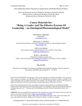 Course Materials For: “Being a Leader and the Effective Exercise of Leadership – an Ontological/Phenomenological Model”