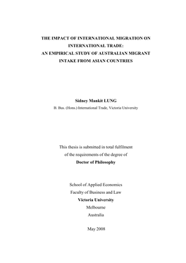 The Impact of International Migration on International Trade: an Empirical Study of Australian Migrant Intake from Asian Countries