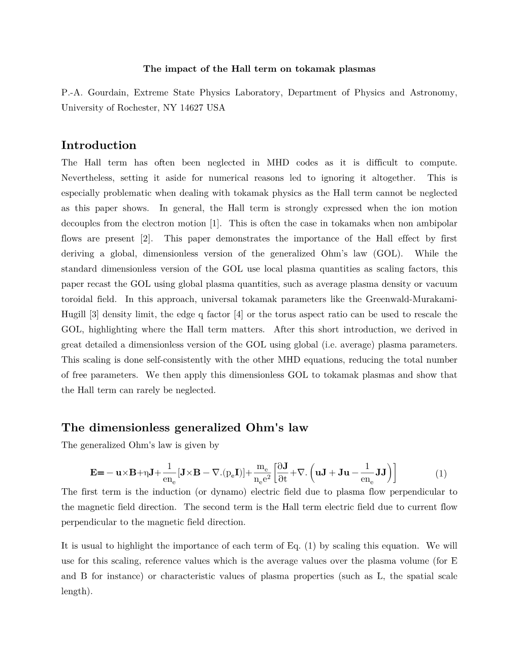 Introduction the Dimensionless Generalized Ohm's