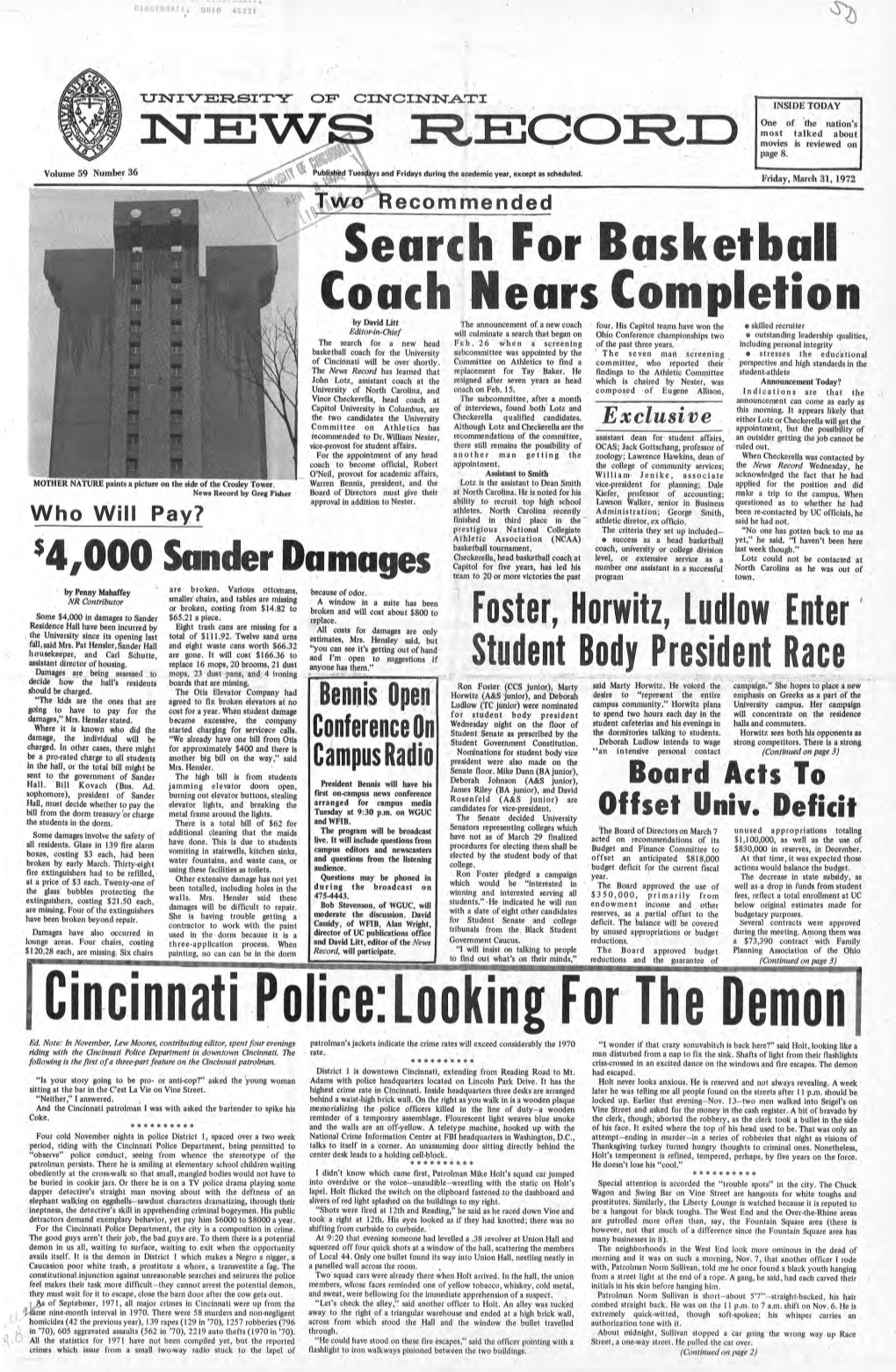University of Cincinnati News Record. Friday, March 31, 1972. Vol. 59, No