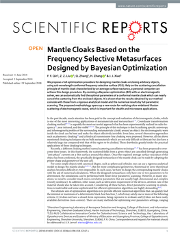 Mantle Cloaks Based on the Frequency Selective Metasurfaces Designed by Bayesian Optimization Received: 11 June 2018 F