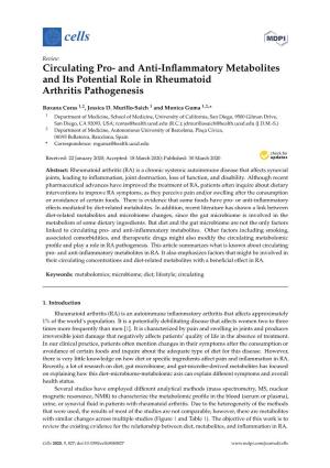 And Anti-Inflammatory Metabolites and Its Potential Role in Rheumatoid