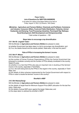 Rajya Sabha List of Questions for WRITTEN ANSWERS to Be Asked at a Sitting of the Rajya Sabha to Be Held on Friday, August 13, 2021/ 22 Sravana, 1943 (Saka)