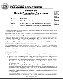 Memo to the Historic Preservation Commission HEARING DATE: MAY 15, 2019