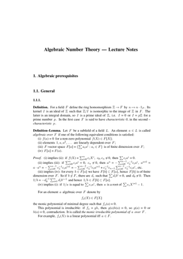 Algebraic Number Theory — Lecture Notes