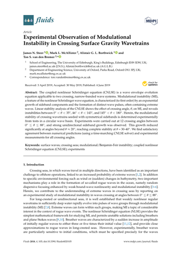 Experimental Observation of Modulational Instability in Crossing Surface Gravity Wavetrains