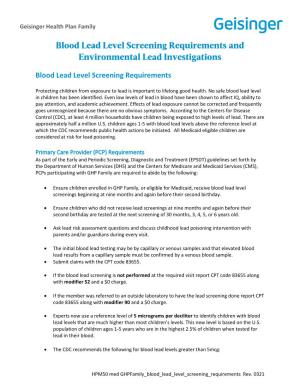 Blood Lead Level Screening Requirements and Environmental Lead Investigations