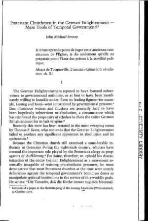 Protestant Churchmen in the German Enlightenment - Mere Tools of Temporal Government?*