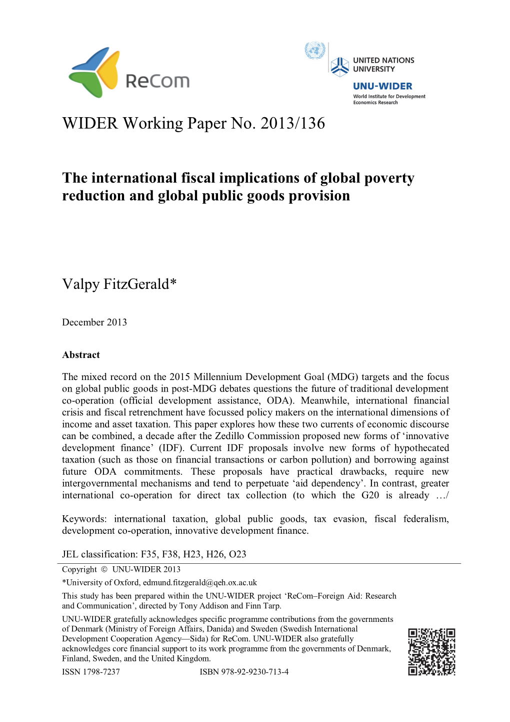 WIDER Working Paper No. 2013/136 the International Fiscal Implications