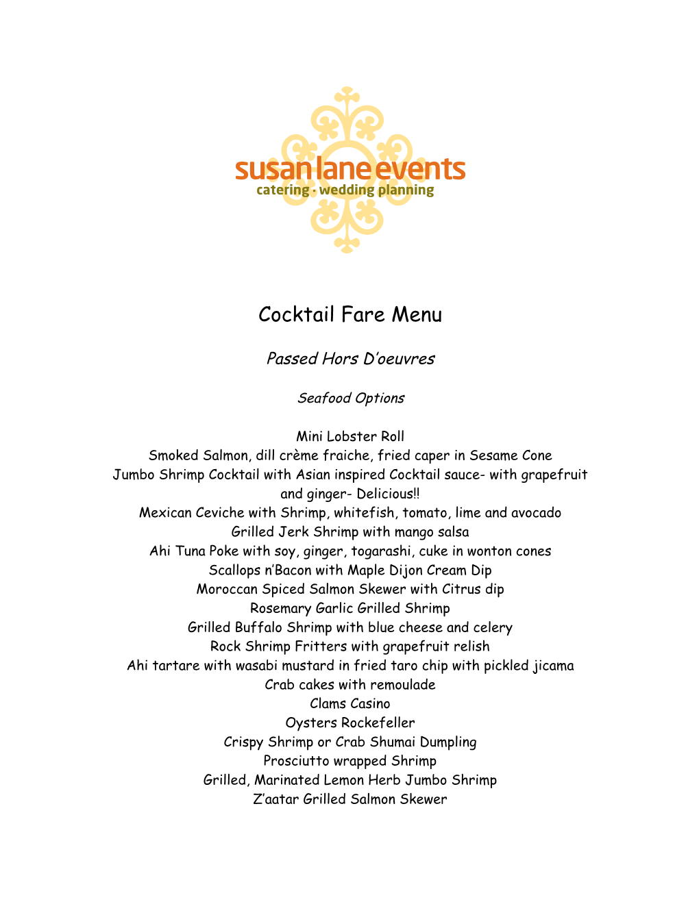 Susan Lane Events Cocktail Fare Menu