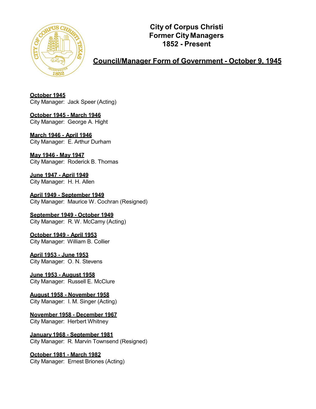 City of Corpus Christi Former City Managers 1852 - Present