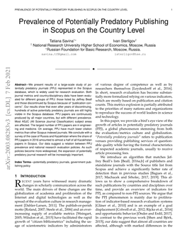 PREVALENCE of POTENTIALLY PREDATORY PUBLISHING in SCOPUS on the COUNTRY LEVEL 1 Prevalence of Potentially Predatory Publishing in Scopus on the Country Level