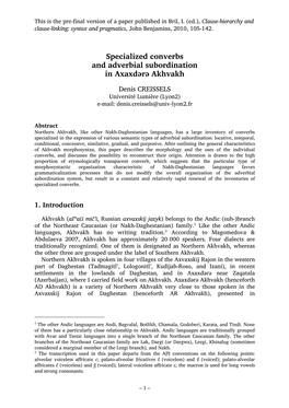 Specialized Converbs and Adverbial Subordination in Axaxdərə Akhvakh
