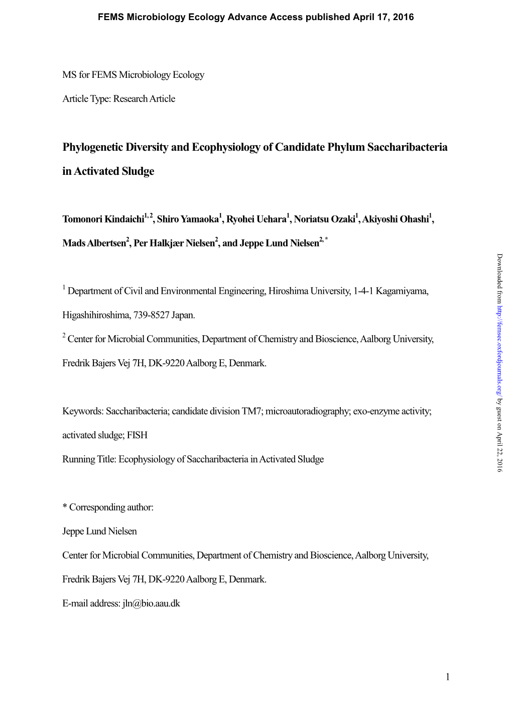 Phylogenetic Diversity and Ecophysiology of Candidate Phylum Saccharibacteria in Activated Sludge