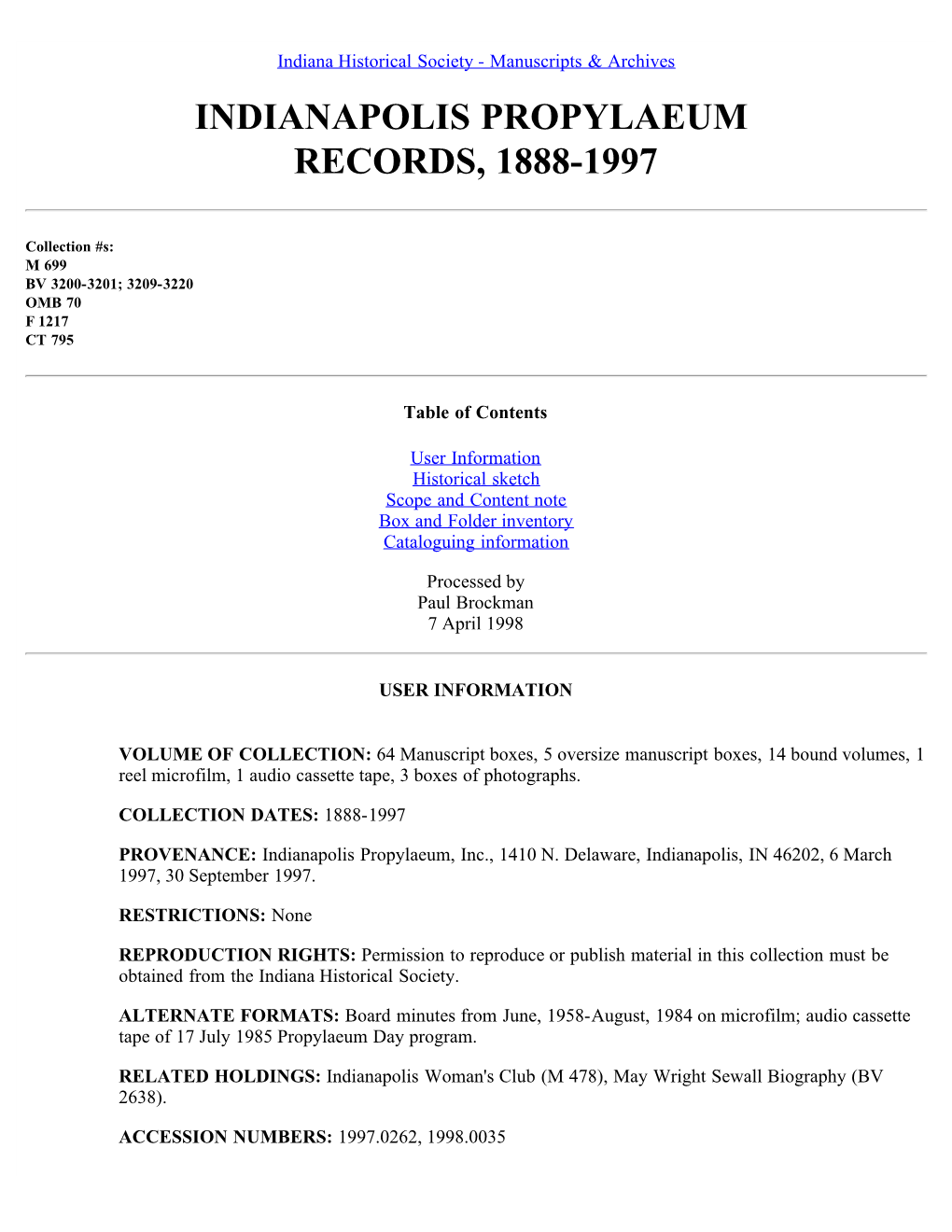 Indianapolis Propylaeum Records, 1888-1997