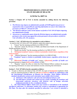 PROPOSED REGULATION of the STATE BOARD of HEALTH LCB File No. R057-16