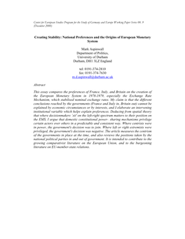 National Preferences and the Origins of European Monetary System