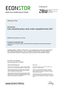 Can Industrial Policy Work Under Neopatrimonial Rule?