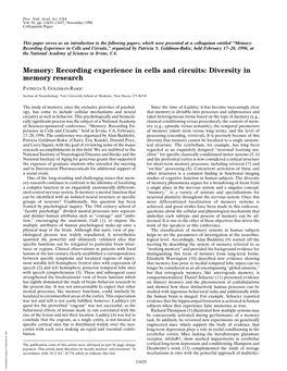 Memory: Recording Experience in Cells and Circuits,’’ Organized by Patricia S
