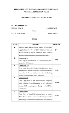 BEFORE the HON'ble NATIONAL GREEN TRIBUNAL at PRINCIPAL BENCH, NEW DELHI ORIGINAL APPLICATION NO. 924 of 2019 in the MATTER OF
