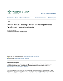 "A Good Book Is a Blessing": the Life and Reading of Frances Whittle Lewis in Antebellum America