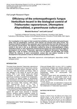 Efficiency of the Entomopathogenic Fungus